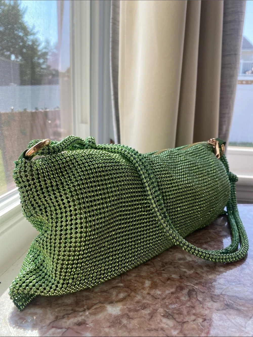 Green Rhinestone Crystal Mesh Shoulder Bag/ Y2K Evening Party Purse